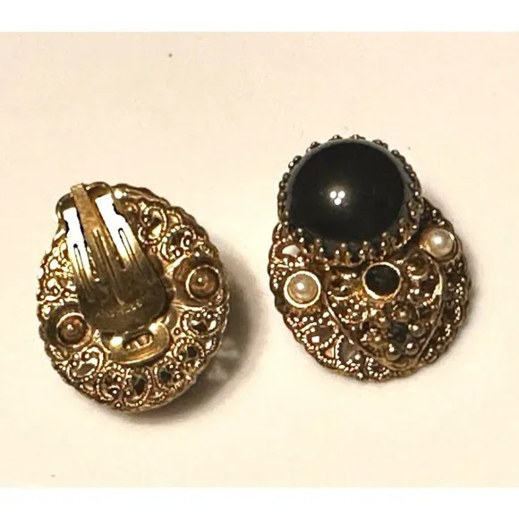 WEST GERMANY BLACK HEMATITE PEARL GOLD FILIGREE PENDANT & CLIP ON EARRINGS SET - Picture 9 of 12